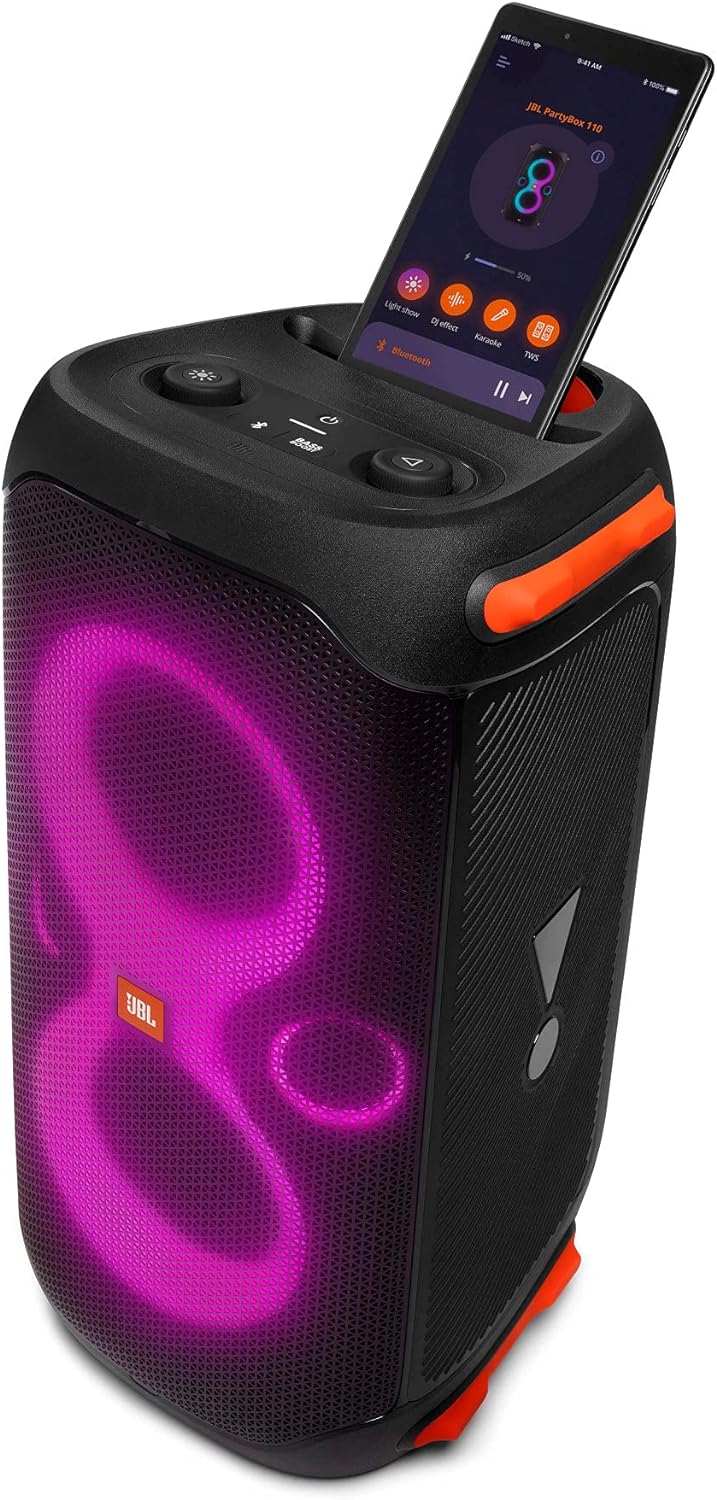 JBL PartyBox 110 in Schwarz – Trag- und rollbarer Bluetooth Party-Lautsprecher mit Lichteffekten – Spritzwassergeschützte, mobile Musikbox mit Akku