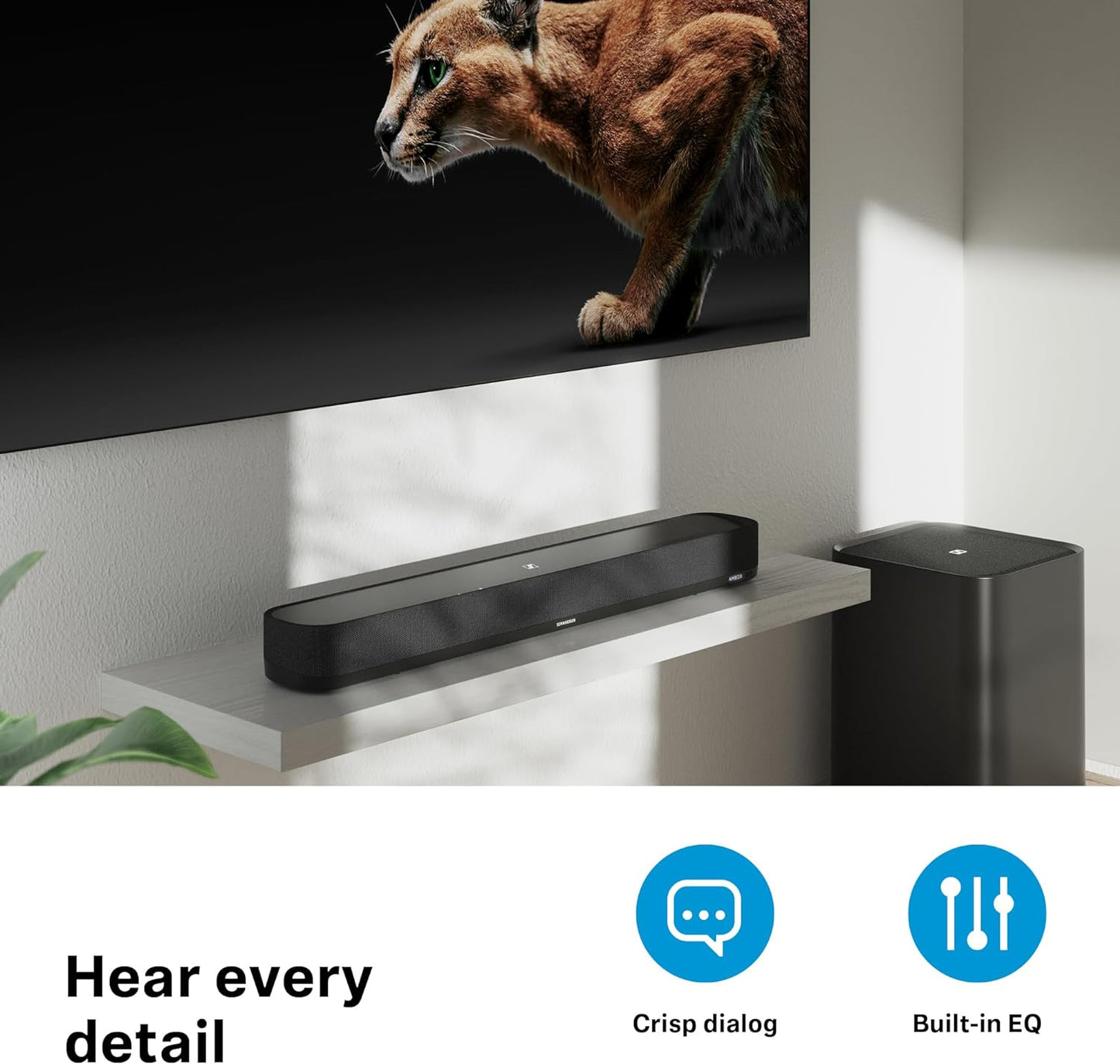 SENNHEISER AMBEO Soundbar Plus für TV und Musik - EU-Stecker - 3D Surround Sound, virtuelles 7.1.4-Lautsprecher-Setup, eingebaute Dual Subwoofer, erweiterte Streaming-Anbindung und Stimmverbesserung