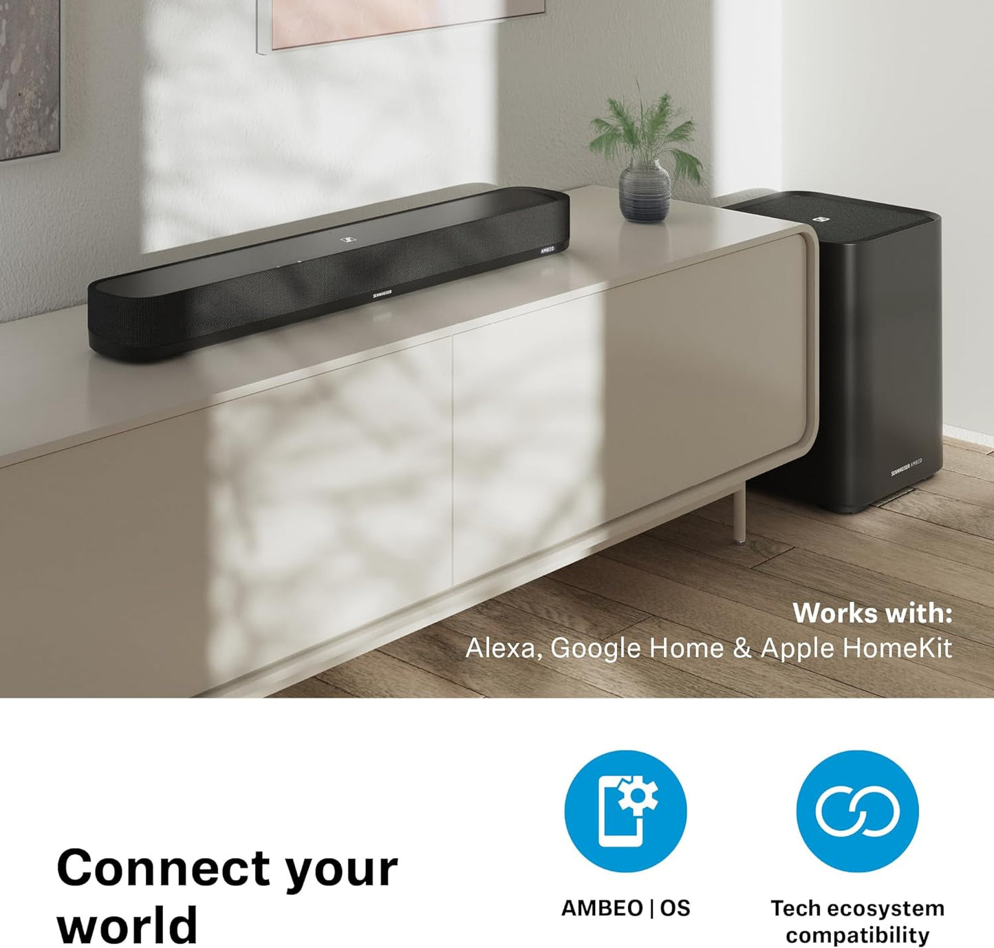 SENNHEISER AMBEO Soundbar Plus für TV und Musik - EU-Stecker - 3D Surround Sound, virtuelles 7.1.4-Lautsprecher-Setup, eingebaute Dual Subwoofer, erweiterte Streaming-Anbindung und Stimmverbesserung