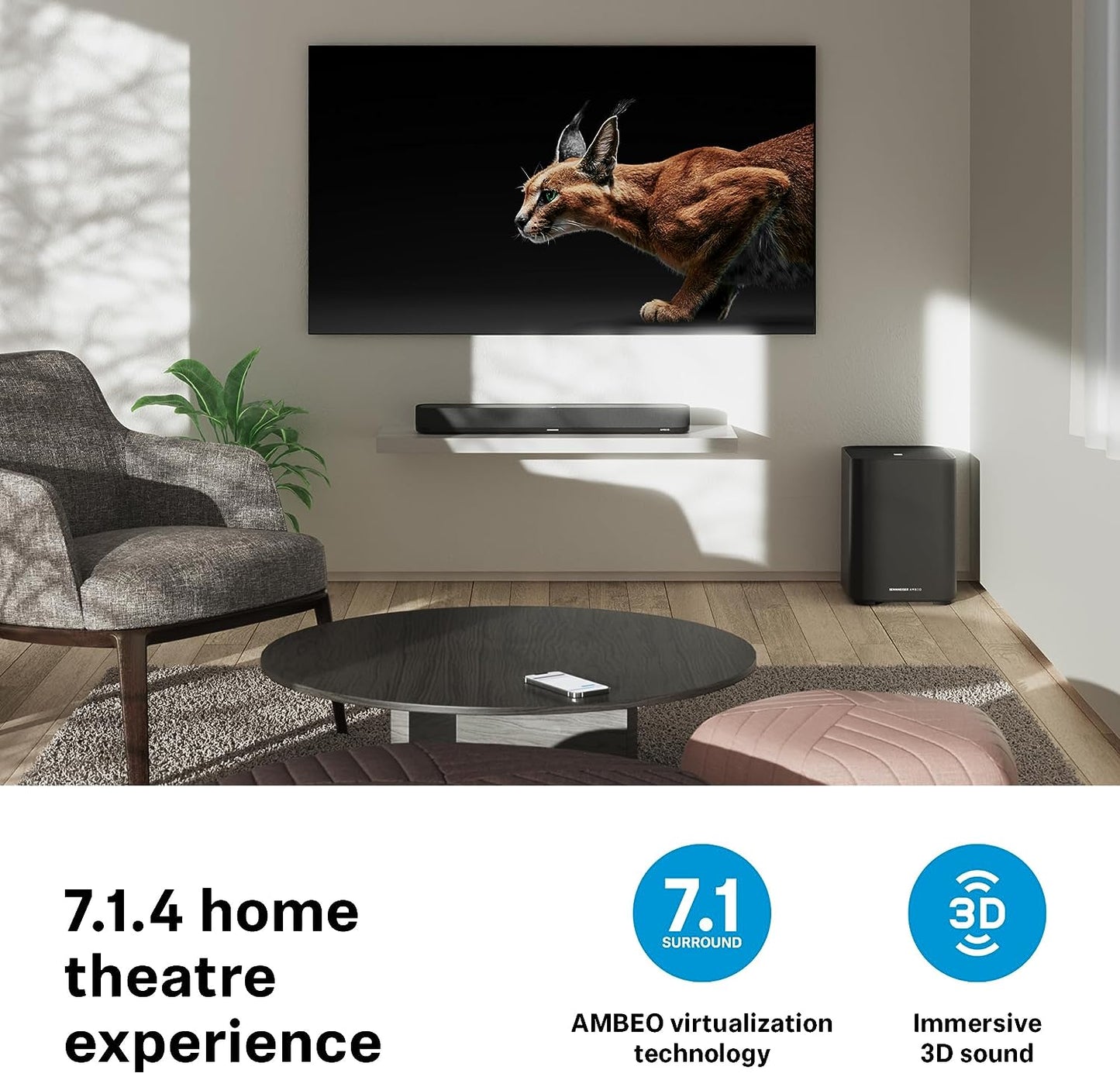 SENNHEISER AMBEO Soundbar Plus für TV und Musik - EU-Stecker - 3D Surround Sound, virtuelles 7.1.4-Lautsprecher-Setup, eingebaute Dual Subwoofer, erweiterte Streaming-Anbindung und Stimmverbesserung