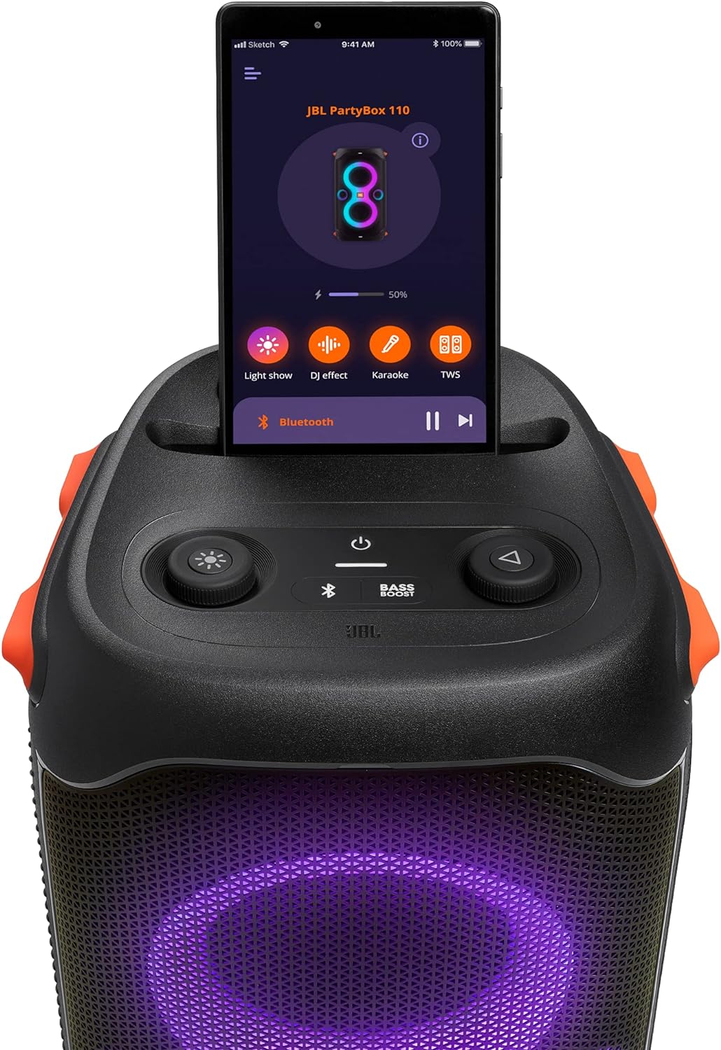 JBL PartyBox 110 in Schwarz – Trag- und rollbarer Bluetooth Party-Lautsprecher mit Lichteffekten – Spritzwassergeschützte, mobile Musikbox mit Akku